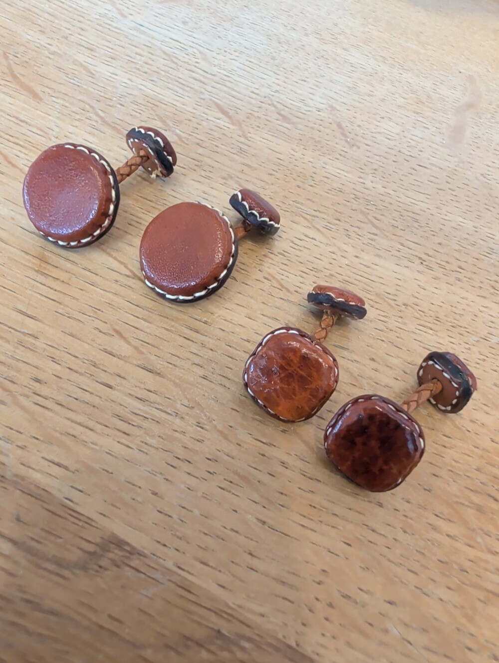 Woven Brown Leather Double Sided Vintage Cuff Links - Rare Two Pair